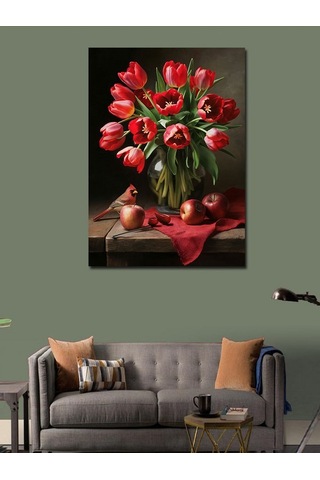 Kanvas Tablo Kırmızı Kuş Ve Çiçekler 50cmx70cm