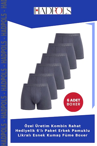 Hadpols Özel Üretim Kombin Rahat Hediyelik 6'lı Paket Erkek Pamuklu Likralı Esnek Kumaş Füme Boxer