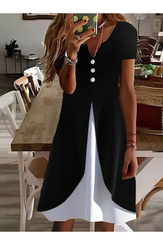 Kadın Kısa Kollu V Yakalı Önden Düğmeli Çift Renkli Viskon Elbise Siyah