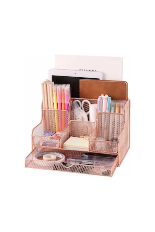 Temel Rose Gold Metal Mesh Masaüstü Organizer Çekmeceli Çok Bölmeli 25x17x16 Cm 9527r
