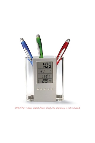 Springsun Ofis Ve Ev İçin Transparan Abs Mutfak Kalem Kutusu - Saat, Takvim, Zamanlayıcı, Termometre Ve Lcd Ekranlı Otomatik Çekmeceli Organizer Gri