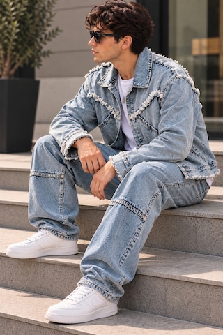 Erkek Açık Mavi Denim Takım Püsküllü Jean Ceket Ve Baggy Bol Paça Pantolon Oversize İkili Takım