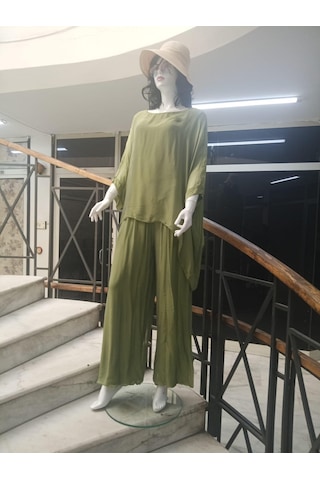 Bohem Stil İtalyan Yarasa Kol İpek Bluz & Pantolon Takım-8767 Yağ Yeşili