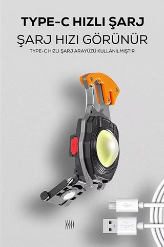 Çok Amaçlı Led Işıklı Anahtarlık Çakmak, Tornavida, Şişe Açacağı, Type-c Şarjlı, Çok Renkli