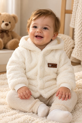 Beniizle Kapüşonlu Unisex Welsoft Yumuşak Dokulu Çıtçıtlı Kışlık Bebek Hırkası Ekru