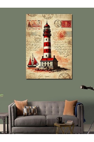 Kanvas Tablo Deniz Feneri Ve Kırmızı Yelkenli 70cmx100cm