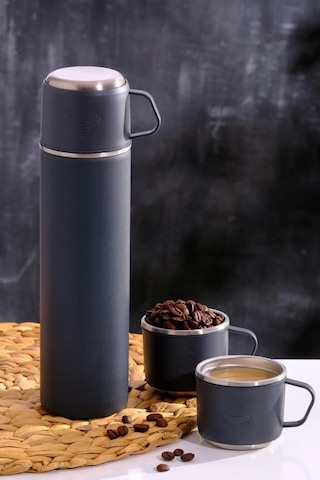 304 Paslanmaz Çelik 3 Bardaklı Termos Seti Çay Kahve Piknik Kamp Gri Gri