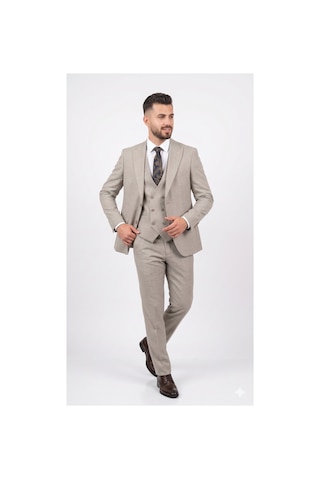 Modmen Erkek İtalyan Kesim Yelekli Takım Elbise Beyaz Desenli Bej