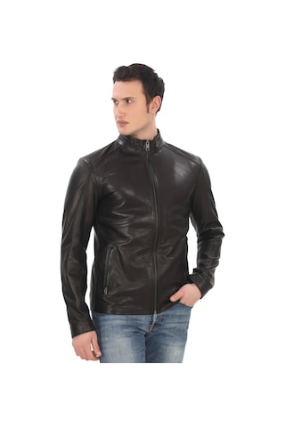 Ersefa Erkek Hakiki Kuzu Derisi Ceket Slim Fit Siyah Fermuarlı Deri Mont