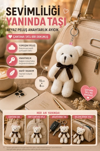 1 Adet Beyaz Peluş Ayıcık Anahtarlık 15x8 Cm Çanta Sırt Çantası Anahtar Aksesuar Sevimli Fiyonk