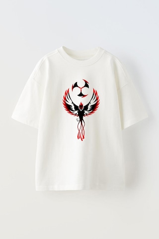 Thewert Unisex Anka Kuşu Ve Ninja Yıldızı Tasarım Baskılı Pamuk Beyaz Oversize T-shirt