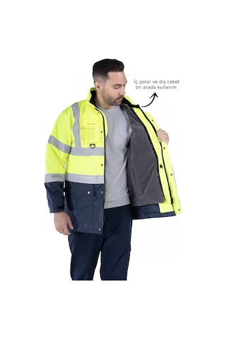 5 İ Bir Arada İş Güvenliği Kabanı Hi-vis Sarı - Lacivert