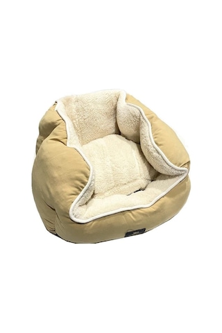 Süslüpati Kullanışlı Yıkanabilir Kumaş Silikon Elyaf Dolgulu Kedi Köpek Yatağı Kahve Krem 56cm