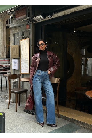 Meecy Kadın Yüksek Bel Kemer Detaylı Palazzo Likralı Kot Pantolon Lacivert Lacivert