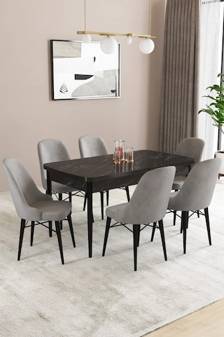 Familieconcept Almira Serisi, Siyah Mermer Desen 80x132 Açılabilir Mdf Mutfak Masası Takımı 6 Adet Sandalye Gri