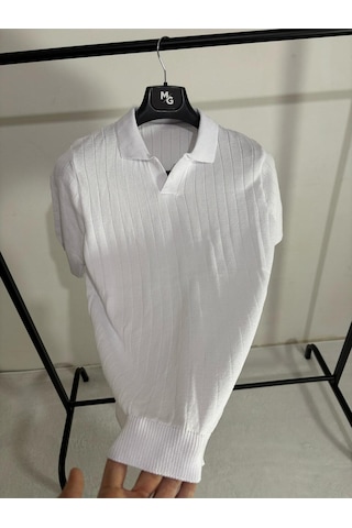 Apaş Yaka Triko T-shirt Beyaz