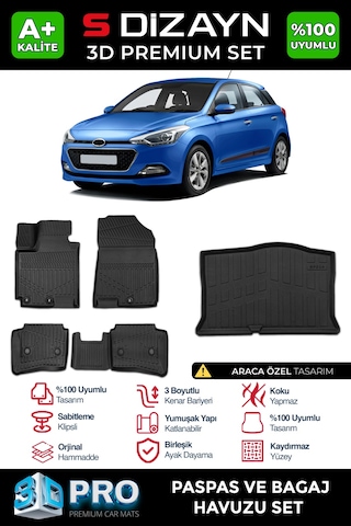 S-dizayn Hyundai İ20 3d Pro Havuzlu Paspas Ve Bagaj Havuzu Seti 2'li Set 2014-2020 A+ Kalite