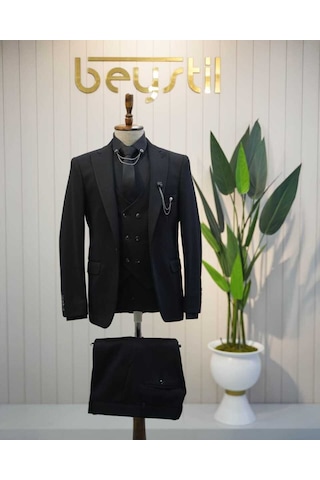 Beystil Sivri Yaka Siyah Takım Elbise Elanor - Slim Fit Siyah