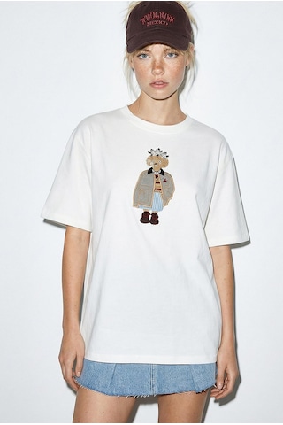 Shade Kadın Köpek Nakışlı Taş İşlemeli Relaxed Fit Pamuk T-shirt 1077 60286067 - Beyaz L