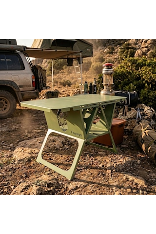 Fiways Axıs V2 Haki Metal Kamp Masası, 1mm Çelik Gövde, Profesyonel Katlanır Çantalı Outdoor Sehpa