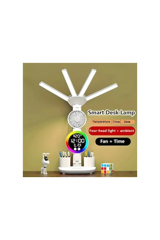 Multifonksiyonel 4 Başlıklı 3 Renk Ve Ton Ayarlı Masa Lambası Kalemlik Saat Takvim Sıcaklık Göstergesi Rgb Led Işıklı 3 Hız Kademeli Vantilatör Fan Telefon Tutucu