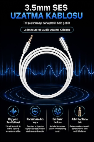 3.5mm Trrs Aux Ses Uzatma Kablosu 1.2 Metre, 4 Kutuplu Erkek Dişi Stereo Mikrofon Destekli Jack Kablo, Telefon Tablet Bilgisayar Araç Uyumlu, Altın Kaplama A320d