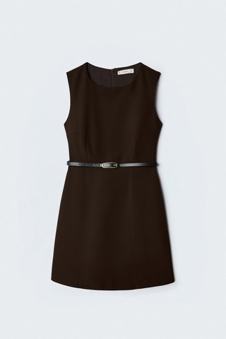 Sateen Kemerli Mini Elbise - Kahve-137568