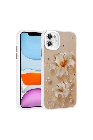 Goocamp Apple Uyumlu iPhone 11 Kılıf Çiçek Desenli Parlak Taşlı Sert Silikon Garden Kapak - Pembe Pembe Açık
