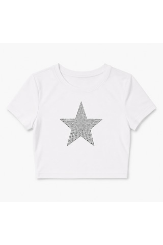 Bozzbozzcollection Beyaz Taşlı Yıldız Detaylı Basic Crop Tişört Kadın
