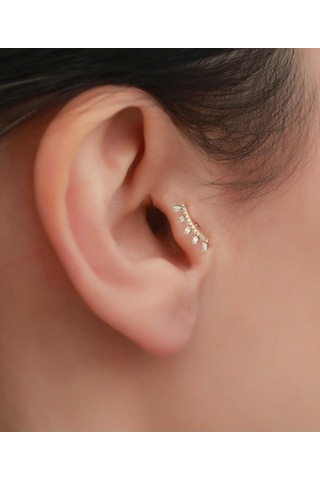 14 Ayar Altın Taşlı Taç Tragus Piercing Sarı Altın
