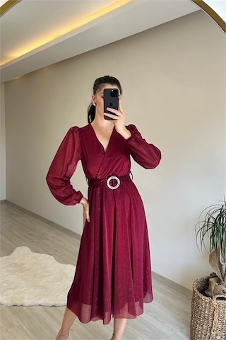 Neşeli Butik Kadın Kruvaze Yaka Tokalı Midi Boy Işıltılı Elbise Nm009 Bordo