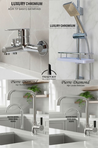 4 Lü Lüks Batarya Duş Takımı Geniş Şampuanlıklı Sürgülü Duş Banyo Lavabo Mutfak Muslukları Krom Renk Krom