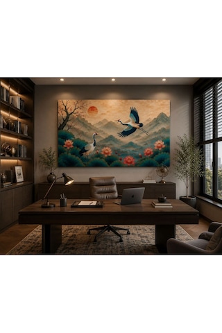 Japon Turnaları Ve Lotus Çiçekleri Kanvas Tablo Uzak Doğu Esintili Premium Duvar Dekoru Salon, Ofis, Çalışma Odası Ve Yatak Odası İçin Büyük Boy Çerçevesiz Dekoratif Tablo