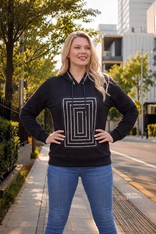 Aytemas Önü Ve Kapüşonu Taşlı Sweatshirt Siyah