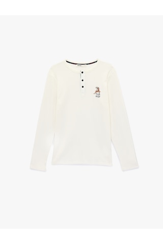 Koton Pamuklu Uzun Kollu Bisiklet Yaka Geyik İşleme Detaylı Örme Pijama Üstü Ekru 6wlm40007mk Ekru