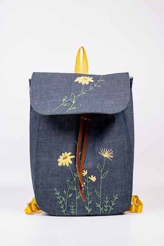Fabric Craft Bag Sırt Çantası Kot Kumaş Çiçek Nakışlı Büzgülü Kot