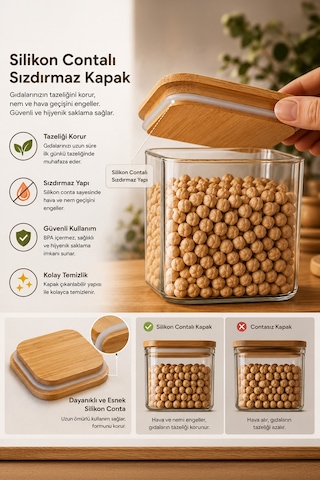 Porsima 12'li Kare Bambu Ahşap Kapaklı Cam Kavanoz Seti 1900 Ml, 1250 Ml, 750 Ml Erzak & Baharatlık Bambu - Şeffaf