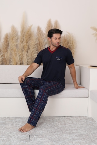 Alimer Erkek V Yaka Ekose Desen %100 Pamuk Kısa Kol Cepli Pijama Takımı Lacivert