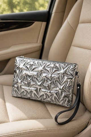 Adelina Bags Yıldız Nakış İşlemeli Portföy El Çantası Bilek Askılı Saten Astarlı Gümüş Clutch Çanta Gri