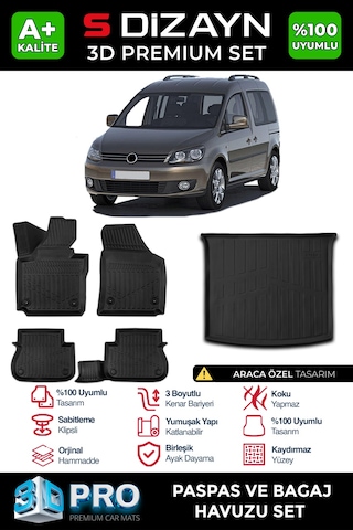 S-dizayn Vw Caddy 3d Pro Havuzlu Paspas Ve Bagaj Havuzu Seti 2'li Set 2010-2015 A+ Kalite