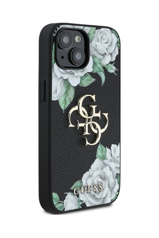 Apple Uyumlu iPhone 15 Kılıf Guess Lisanslı Gül Baskılı Büyük Metal Logo Dizaynlı Kapak Siyah