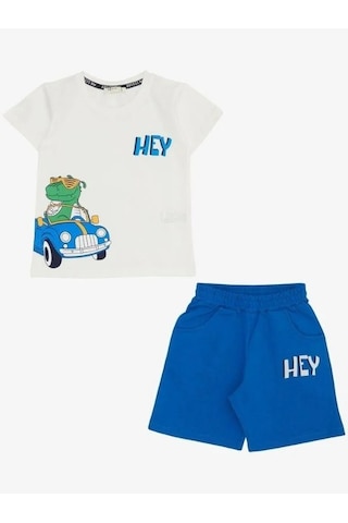 Erkek Bebek Pamuklu Dinazor Baskılı Şortlu Takım-14579 Beyaz