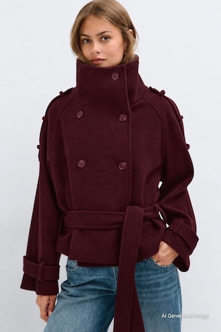 Seeh Kadın Bordo Dik Yaka Kemerli Kısa Kaşe Kaban Sh398 Standart