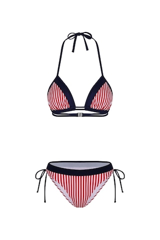 Bonesta Lanao Üçgen Kırmızı Beyaz Çizgili Bikini Takımı Lacivert