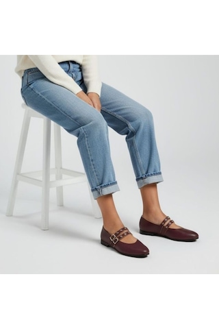 Ne&ve Shoes Bordo Deri Kadın Çift Kapsüllü Babet