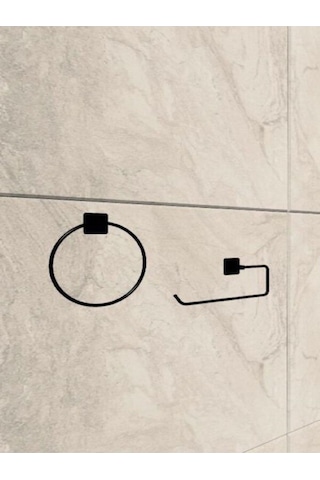 Siyah Yapışkanlı Kare Havluluk Ve Solo Havluluk Seti Banyo Seti Siyah