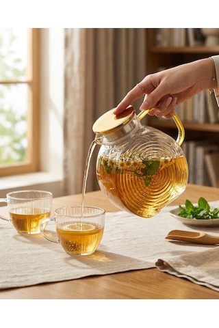 Borosilikat Cam Şeffaf Salyangoz Desenli Filtreli Sürahi 2500 Ml Buzdolabı Kapağına Uygun Isıya Dayanıklı Çay & De