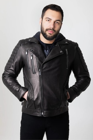 Derije Lucas Hakiki Jumbo Deri Erkek Siyah Biker Motorcu Tarzı Ceket-mont Siyah