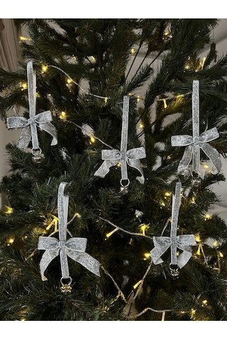 Yılbaşı Simli Gümüş Kadife Kurdeleli Zilli Zincir Lüks Noel Çam Ağacı Süsü 5 Adet-ykdf22