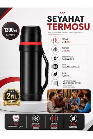 1.200ml Seyahat Termosu 304 Paslanmaz Çelik 24 Saat Sıcak Soğuk Koruma 18/8 Bpa İçermez 3 Katmanlı Vakum İzalasyon Çift Duvar Bakır Kaplama 2 Yıl Garantili-kamp-ofis-okul-seyahat-yolculuk-için İdeal Siyah